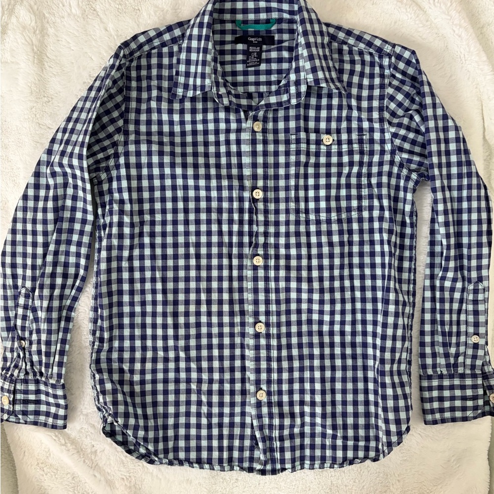 GAP Kids Navy and White Plaid Button Down Long Sleeve Casual Shirt